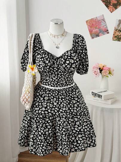 Sweetra 两件套：碎花泡泡袖上衣和碎花半裙，时尚夏季套装