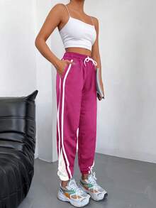 EURMUSE 95% Cotton Striped Side Seam Drawstring Waist Sweatpants - Hot Pink - View 6
