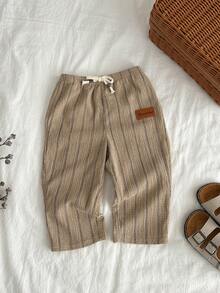 SHEIN Unisex Baby/Toddler Khaki Striped Casual Wide Leg Pants, Comfortable & Fashionable For Spring/Summer - Khaki - View 5