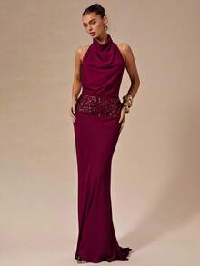 SHEIN BAE Burgundy Backless Sequin Patchwork Dress, Sexy Backless Gown Suitable For Cocktail Party, Romantic Date, Gathering, Wedding Bridesmaid, Night Out Evening Dress Elegant Evening - Burgundy - View 2