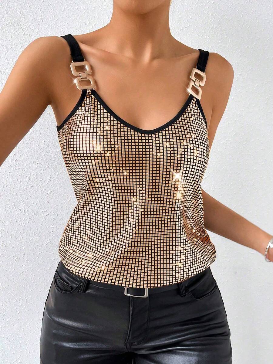 SHEIN Tall 女士印花褶皱吊带背心套装，适合度假和日常穿着，优雅迷人 - 棕色 - 查看 1