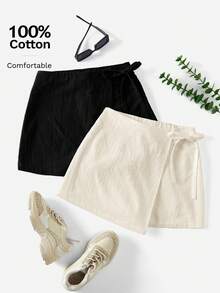 SHEIN Essnce 女士纯色打结不对称下摆休闲短裤夏季2条装裙子配短裤蝴蝶结短裤女式亚麻短裤 - 杏色 - 查看 8