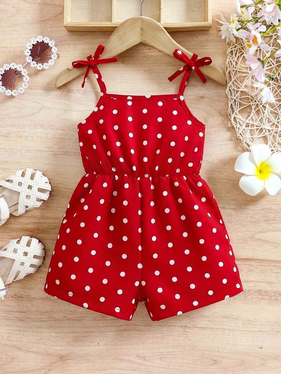 SHEIN 女童休闲可爱碎花连体裤，适合度假和购物，春夏款 - 紅色 - 查看 1