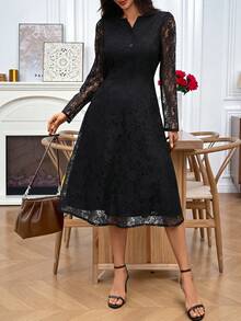 EMERY ROSE Đầm ren thanh lịch thiết kế cổ chữ V đính nút cho nữ - màu đen - Xem 2