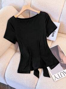 Franclia Women's Casual Round Neck Fitted Backless Tie-Up Short Sleeve T-Shirt, Versatile For Spring/Summer - Black - View 4