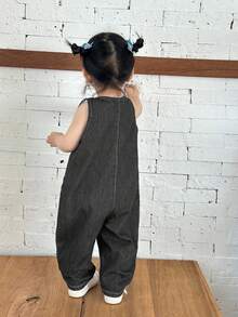 SHEIN 女婴深蓝色牛仔无袖白色条纹连体锥形裤 - 黑色 - 查看 3