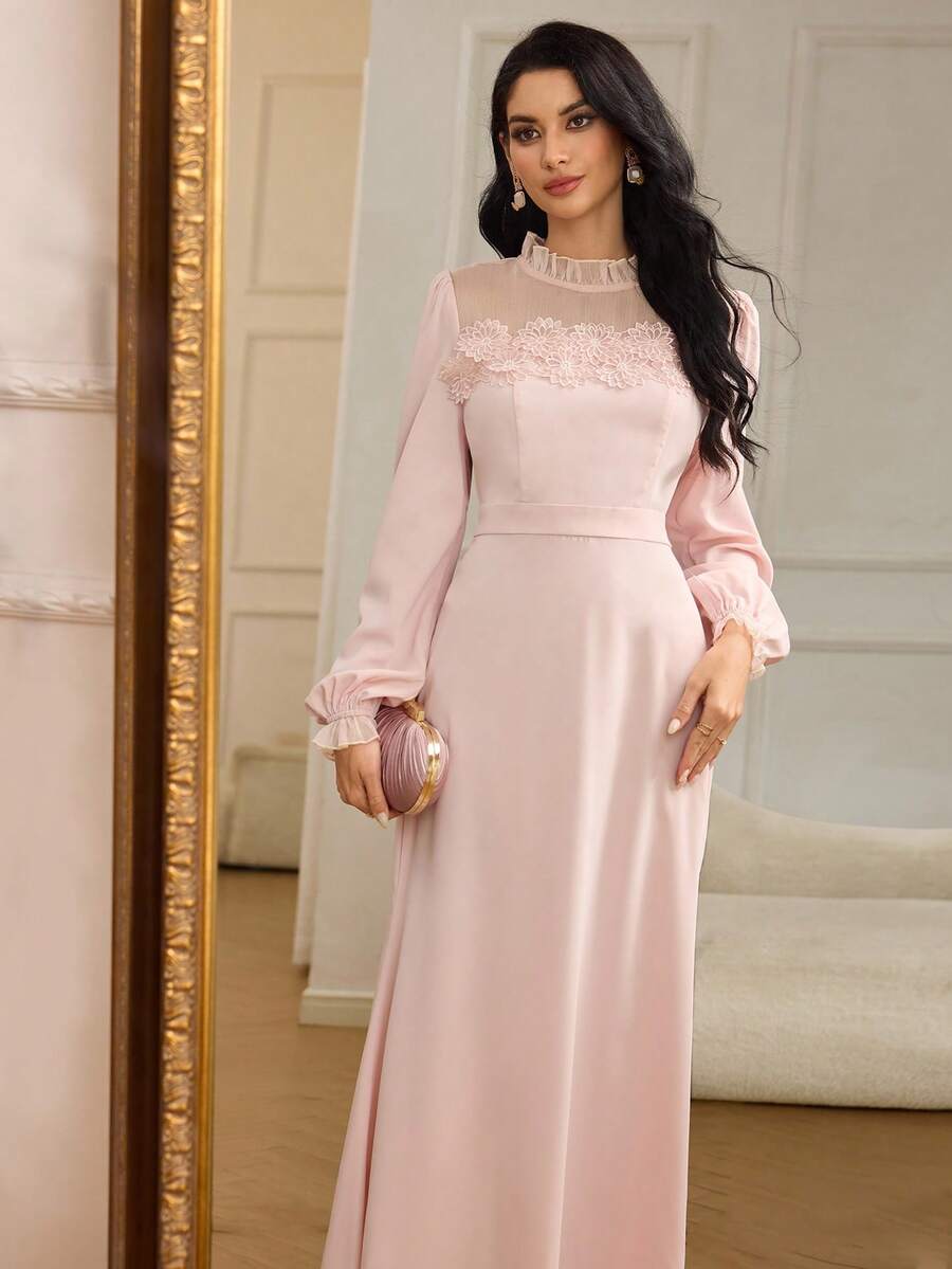 Modelyn 女士优雅纯色贴花荷叶边连衣裙，秋季粉色连衣裙，女士优雅长袖粉色连衣裙，长袖优雅连衣裙，端庄优雅连衣裙