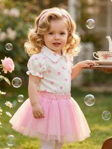 SHEIN 2pcs/Set Baby Girls Collared Puff Sleeve Heart Print Short Sleeve Blouse + Elastic Waist Mesh Tutu Skirt Cute Casual Outfit, Suitable For Spring/Summer Daily Outings Or Travel Skirt فستان دانتيل - Pink - View 11