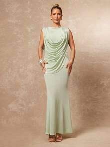 Lumalex Elegant Sage Green Summer Party Dress For Women,High-End Knitted Ruched Draped Waist Fitted Slim Luxury Gala Night Wedding Prom Graduation Gown - Olive Green - View 4