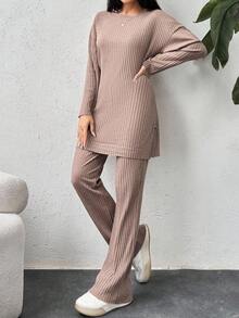 Cotton Drop Shoulder Split Hem Tee & Pants - Brown - View 3
