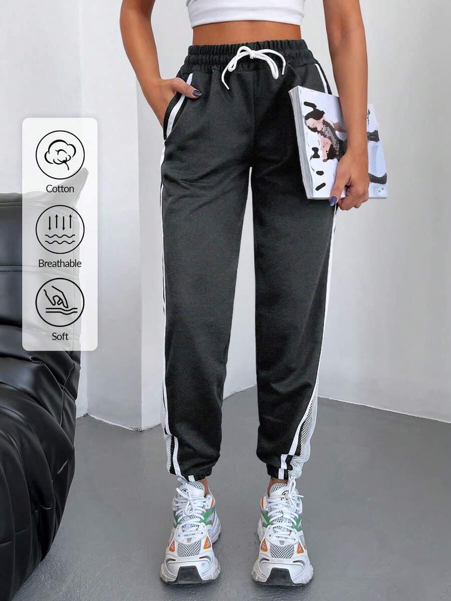 Cottnline 95% Cotton Contrast Tape Drawstring Waist Slant Pocket Sweatpants - Dark Grey - View 1