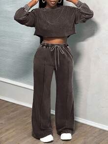 Slaydiva 女士街头风超大款酸洗两件套运动服套装 - 棕色 - 查看 6