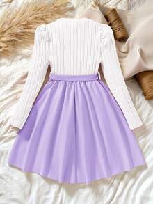 SHEIN 1pc Teen Girls Elegant Long Sleeve Ribbed Knit White Top Patchwork Lavender Skirt,Modest Crew Neck Autumn Dress For Party,Sweet & Ladylike Style - Mauve Purple - View 2
