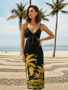 SHEIN x Eduarda Gutierrez CAJUNI Women's Maxi Dress Black Yellow Summer Woven Slim Fit, Spaghetti Straps, Front Twist Knot, Side Cut-Outs, Hand-Drawn Tropical Palm And Fruit Jacquard Pattern, Long Dress, Resort Bohemian Style For Beach, Vacation, Holiday & Summer Party,Summer Dress,Spring Outfit Women,Valentine's Day,New Year,Beach Dress,Casual Dresses For Women,Vacation Outfits Women,Floral Dress, Hawaii Dress - Black - View 4