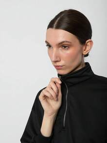 SURIMA Stylish 's Half Placket Zipper Detail Sweatshirt With Letter Pattern Stand Collar And Long Drop Shoulder Sleeves - Black - View 6