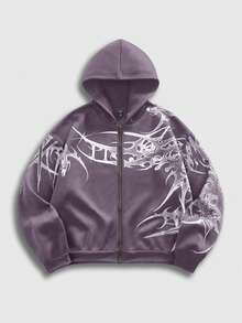 ROMWE MEN Herrtröja med dragkedja och huva i fleece, höst/vinter, avslappnad och trendig street punk-stil - Blåröd - Visa 3