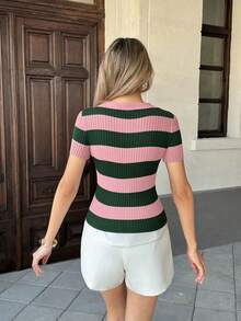 Pariaura 撞色条纹 Polo 领针织上衣，法式街头风，短袖夏季衬衫 - 粉色 - 查看 2