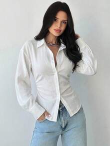 Firerie Camisa de Manga Longa Listrada Azul e Branca Feminina, Camisa com Amarração na Cintura, Camisa Casual para Ir e Vir, Camisa para Férias, Camisa Listrada com Cintura Marcada, Adequada para Primavera, Verão, Outono e Inverno, Elegante, Férias, Boêmia, Traje de Trabalho