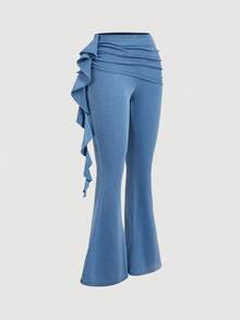 Sweetra Women's Solid Color Fashion Flare Jeans With Ruffle Hem Decoration - Blue - View 3