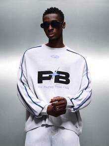 PLAYBOY X SUMWON Men's Crew Neck Knit Sweater With Blue Trim And PB Social Club Graphics Print - Grey - View 4