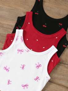 3pcs/Set Tween Girl Y2K Style Cropped Camisole Tops, Fitted Sleeveless Top, American Retro Sweet Cherry Bow & Heart Print Dopamine Tee, Summer - Multicolor - View 3