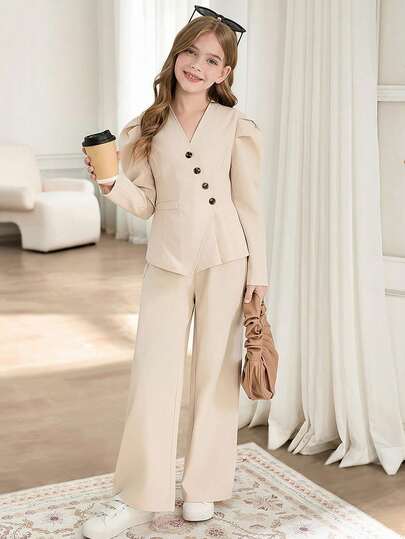SHEIN 2pcs/Set Vintage Apricot V-Neck Ribbed Buttoned Cropped Top With Puff Sleeves & Loose Wide Leg Pants, Elegant Outfit For Indoor, Outdoor, Party, School, Commute, Suitable For Spring, Autumn, Winter