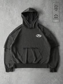 ROMWE MEN Men's Vintage Washed Hoodie With 2 In 1 Design, Loose Fit - Black - View 1