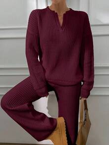 EURMUSE V Neck Sweater And Pant Casual Elegant - Burgundy - View 3