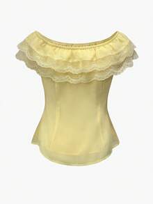 Glimmora Women's Double-Layer Ruffle Lace Trim Polka Dot Off-Shoulder Yellow Blouse - Yellow - View 2
