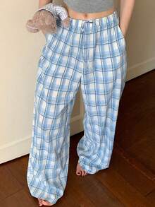 DAZY Women's Elastic Waist Pocket Plaid Casual Pants, Suitable For Daily Wear And Home - Blue - View 1