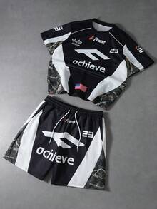 PAVTROS 男士休闲运动短袖T恤短裤套装（2件套），宽松落肩T恤，抽绳腰带短裤，针织运动裤，树枝迷彩，时尚数字，迷彩交通堵塞图案，时尚运动，街头运动，日常休闲，户外运动，返校通勤，男友礼物，节日礼物 - 黑色 - 查看 1