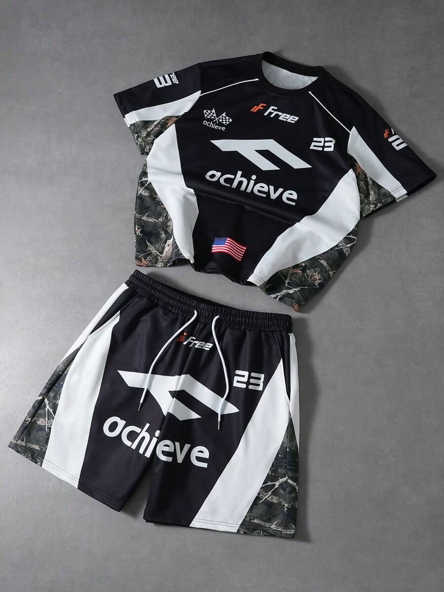 PAVTROS 男士休闲运动短袖T恤短裤套装（2件套），宽松落肩T恤，抽绳腰带短裤，针织运动裤，树枝迷彩，时尚数字，迷彩交通堵塞图案，时尚运动，街头运动，日常休闲，户外运动，返校通勤，男友礼物，节日礼物 - 黑色 - 查看 1