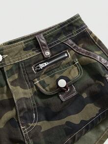 ROMWE Grunge Punk Quần short denim cạp thấp họa tiết rằn ri Y2K gợi cảm dành cho nữ - Màu be - Xem 3