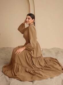 Graceveil Đầm chữ A dài thêm cho nữ, có bèo nhún ở gấu và thắt eo. - Màu Khaki - Xem 6