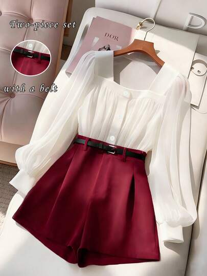 Franclia 米色长袖衬衫+酒红色短裤套装，搭配黑色腰带，适合女性日常通勤、浪漫约会、情人节等场合，优雅时尚的AB套装