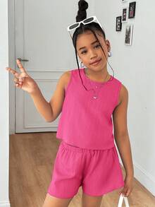 2件組 青少年女孩休閒紋理布料蝴蝶結露背背心上衣與短褲套裝 - 玫紅色 - 查看 6