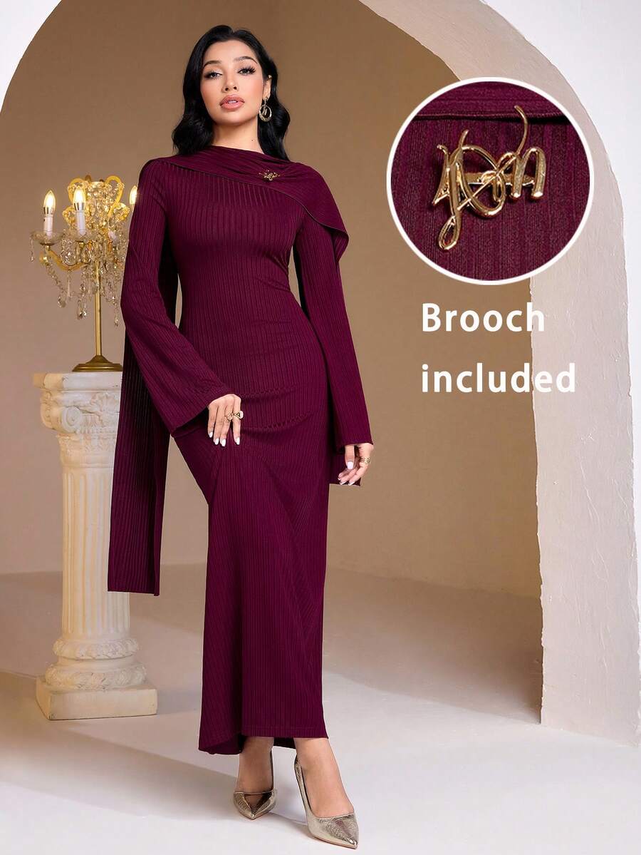 Veilorie Women's Elegant Party Bell Sleeve Fitted Dress Knit Maxi Wine Red Dress Modest Two Piece Set Knit Maxi Dress
