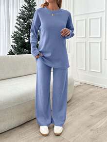 EURMUSE Women Beige Wide Leg And Top Two Pieces - Blue - View 5