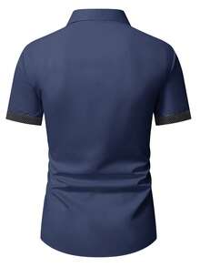 Manfinity Mode Áo sơ mi nam tay ngắn phối họa tiết, phong cách thường ngày. - Màu xanh hải quân - Xem 2