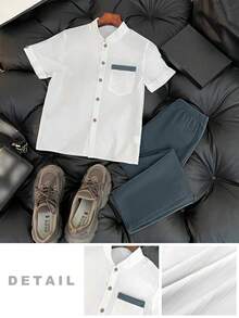 SHEIN 2pcs/Set Teenage Boys' Casual School Style Simple White Shirt And Pants Outfit - Grey - View 9