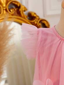 SHEIN Glamorique Kids Váy lưới họa tiết hoa 3D cho bé gái dự tiệc mùa hè và lễ hội. - Hồng - Xem 5