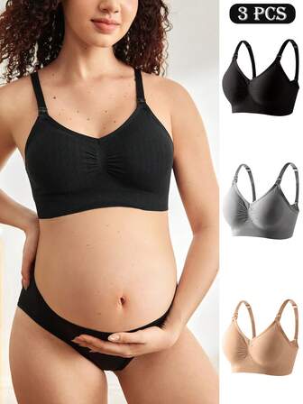 Moonlight & Mama 3件套孕妇无缝哺乳文胸，纯色