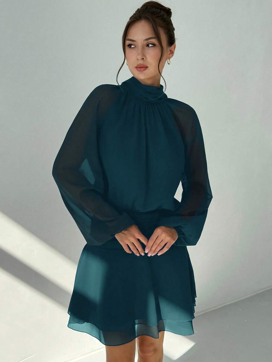 Aloruh Elegant Solid Color Mock Neck Bishop Sleeves Dress, Casual & Party Wear - Teal Blue - View 1