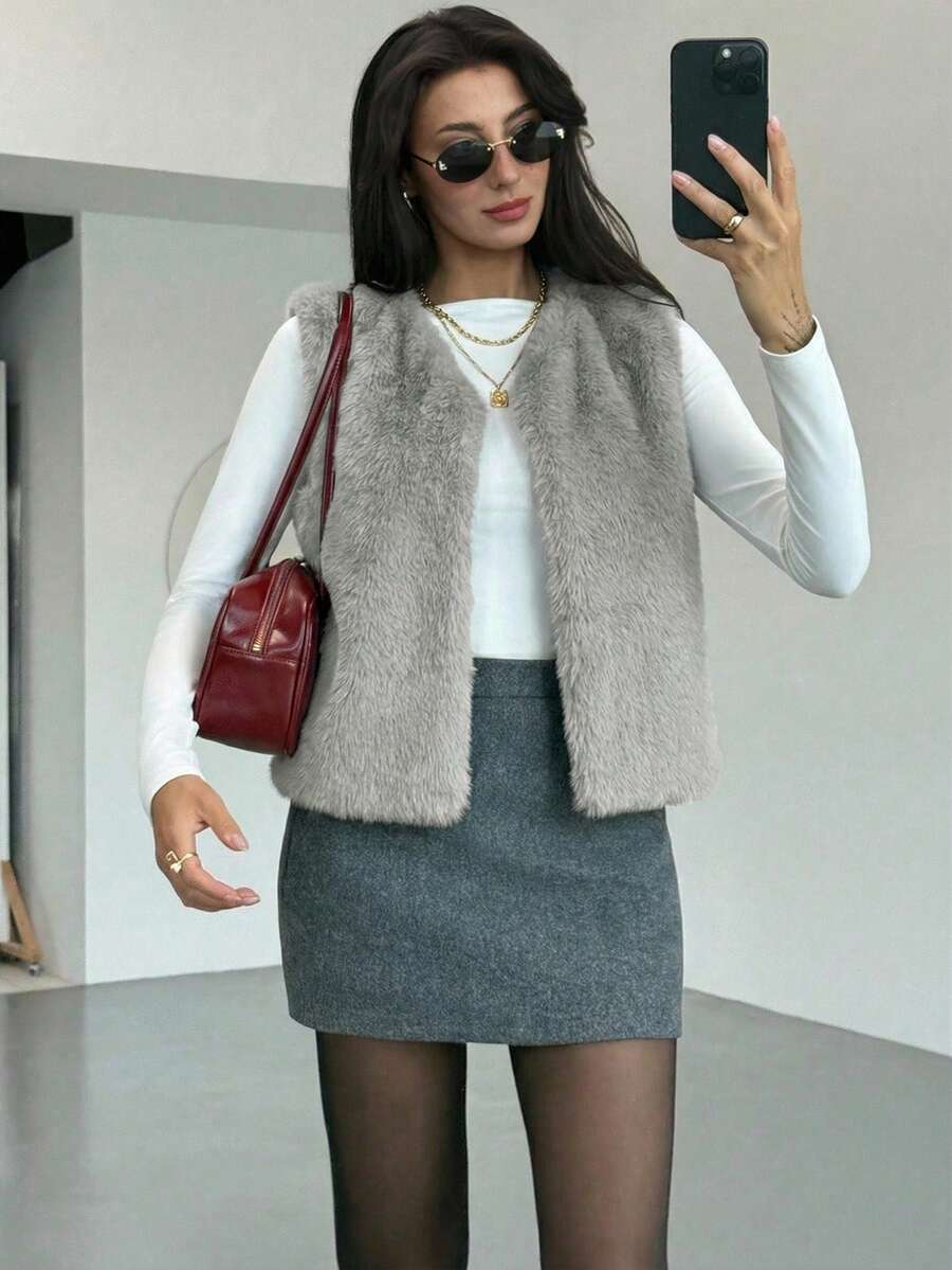 Aloruh 无袖基础款外套，秋冬季优雅时尚仿皮草大衣 - 灰色 - 查看 1