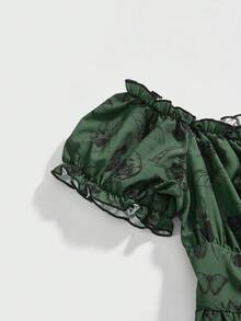 ROMWE Fairycore 大码复古浪漫深色飞蛾印花露肩泡泡袖女式连衣裙 - 墨綠色 - 查看 4