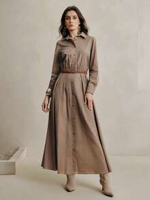 Anewsta 女士优雅度假风亚麻编织腰带衬衫裙，度假连衣裙，休闲女装 - 卡其色 - 查看 3