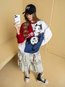 SHEIN Felix The Cat Women's Casual Colorblock Cat Print Drop Shoulder Sweatshirt, Autumn - متعدد الألوان - مشاهدة 2