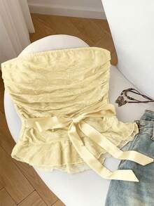Comfortcana 女士Y2K风格打结蕾丝抹胸上衣，无肩带荷叶边露脐上衣，奶油黄 - 淡黃色 - 查看 6