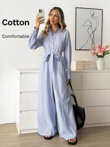 Easowa Chic Blue Striped Jumpsuit For Women Long Sleeve Button Down Collared Neck With Belted Waist Fashionable Wide Leg Romper Elegant Women's Full Length Striped Jumpsuit With Long Sleeves And Tie Belt Versatile Stand Collar One Piece Outfit - Blue - View 3
