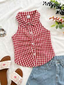SHEIN Áo ngắn kẻ caro đỏ dáng suông, ngọt ngào và dễ thương kiểu Pháp, cổ yếm, cài cúc, dành cho bé gái (cỡ lớn) mùa xuân/hè. - Màu xanh lam - Xem 3
